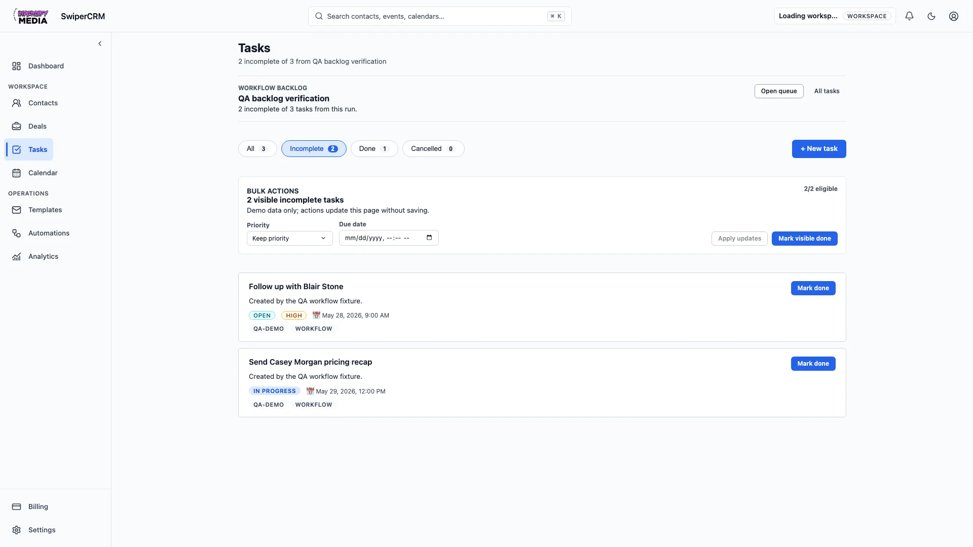 SwiperCRM task workspace with follow-up tasks, priorities, and a workflow backlog.